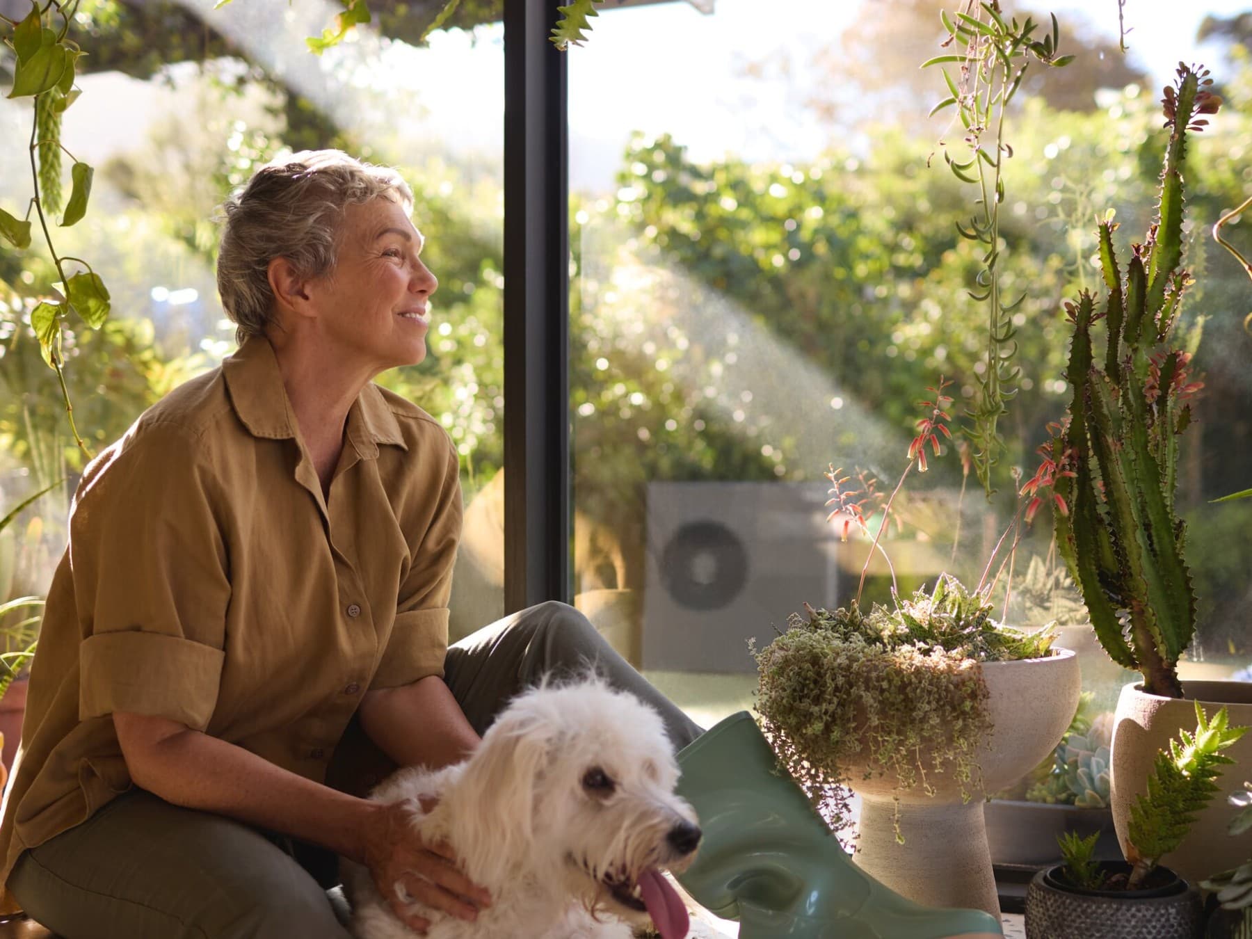 Femme assise avec son chien devant une fenêtre